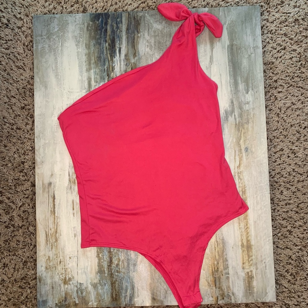 Hot Pink One Shoulder Tie Bodysuit